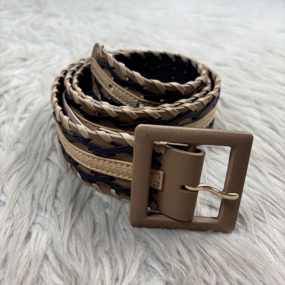 Cabincore Women's M Tan Black Woven Braided Waist Belt Boho Artsy Two-Toned